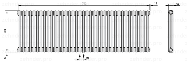 Схема (чертеж) Радиатор Zehnder Charleston 2090/37 №3470 Белый глянцевый RAL 9016